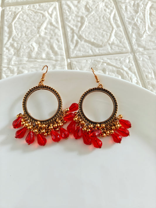 Gold Round Red Drop Beaded Hook Jhumka Base - 1 Pair