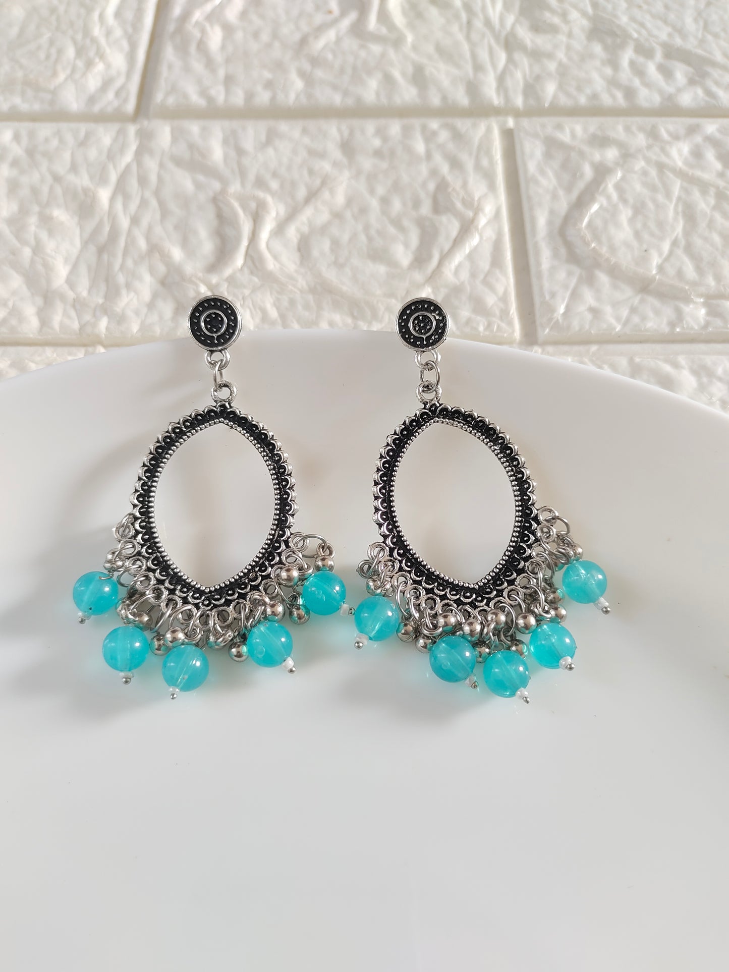 Silver Evil Eye Blue Beaded Jhumka Base - 1 Pair