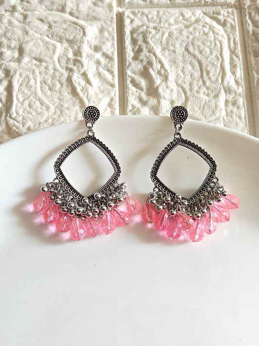 Silver Square Pink Drop Beaded Jhumka Base - 1 Pair