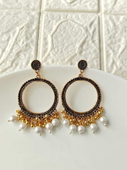 Gold Round White Beaded Jhumka Base - 1 Pair