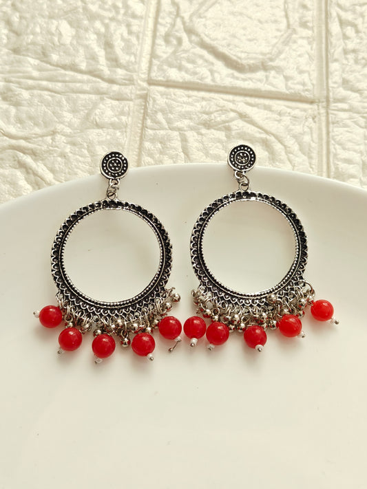 Silver Round Red Beaded Jhumka Base - 1 Pair