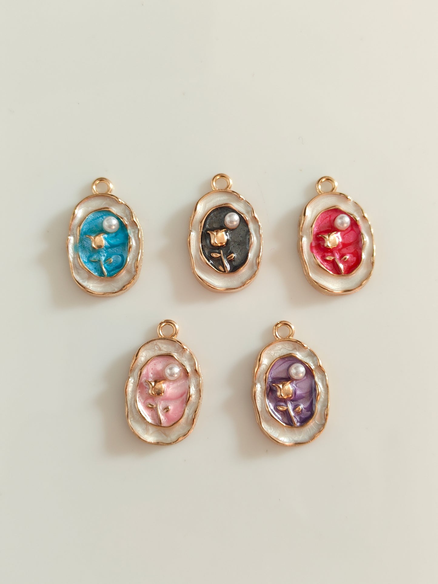 Rose Pearly Oval Enamel Charm - 1 Piece