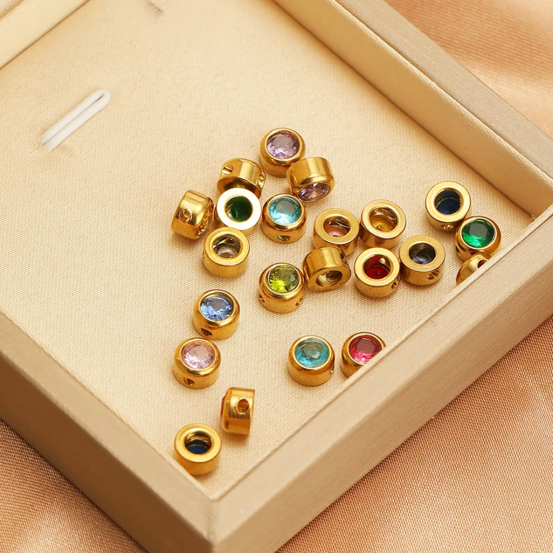 Mini Round Zircon Stone Spacer Bead - 18k Gold PVD Stainless Steel - 1 Piece