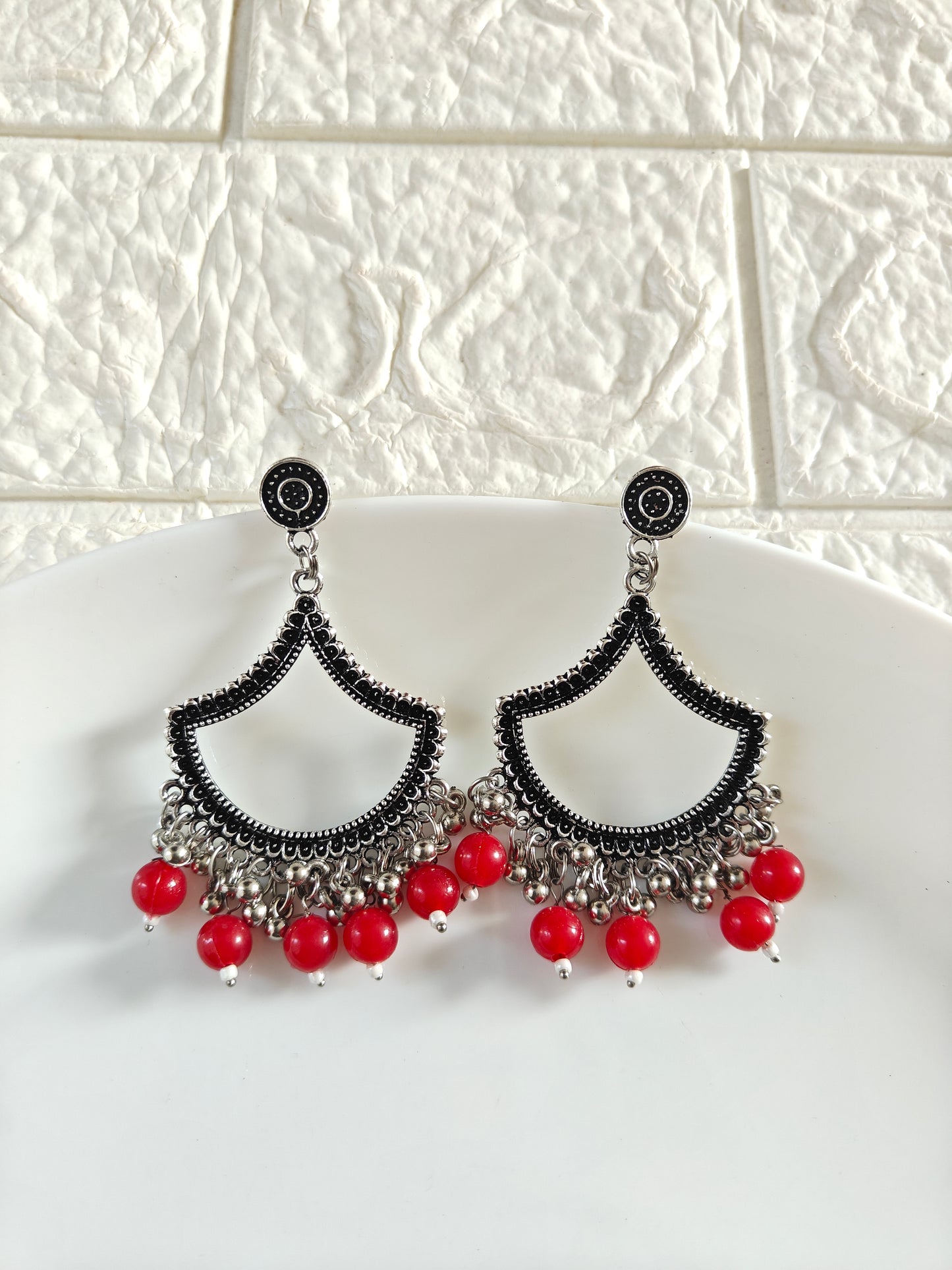 Silver Petal Red Beaded Jhumka Base - 1 Pair