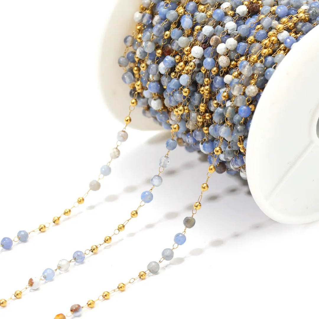 3mm Natural Blue Stone Stainless Steel Chain - 1 Feet (30cms)