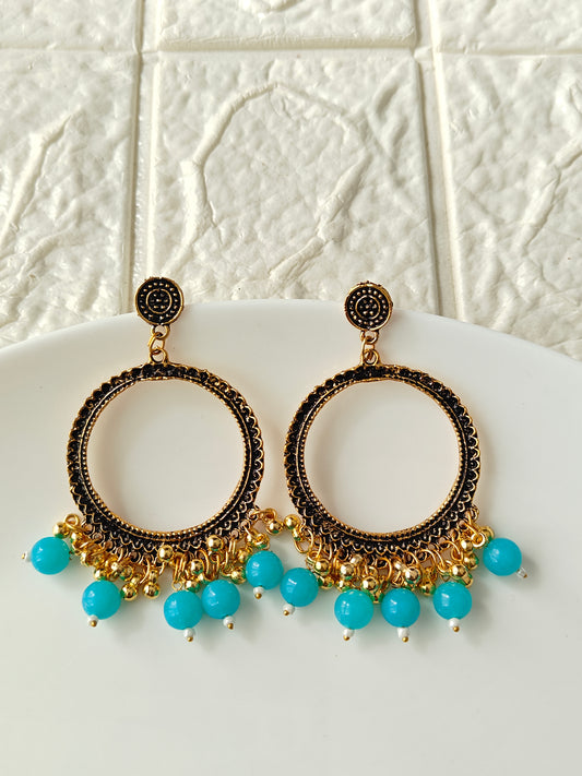 Gold Round Blue Beaded Jhumka Base - 1 Pair