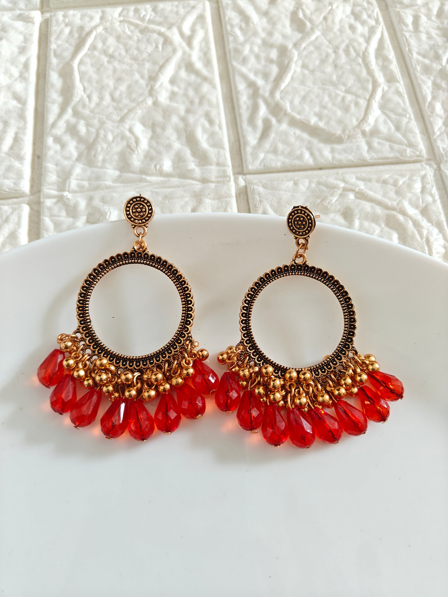 Gold Round Red Drop Beaded Jhumka Base - 1 Pair - Check Description