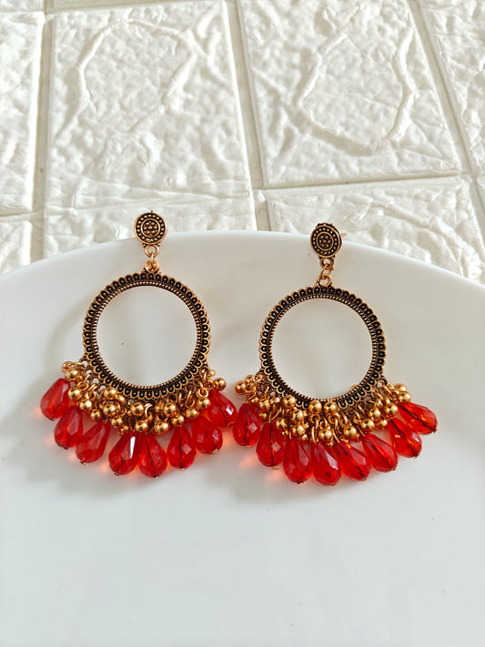 Gold Round Red Drop Beaded Jhumka Base - 1 Pair - Check Description