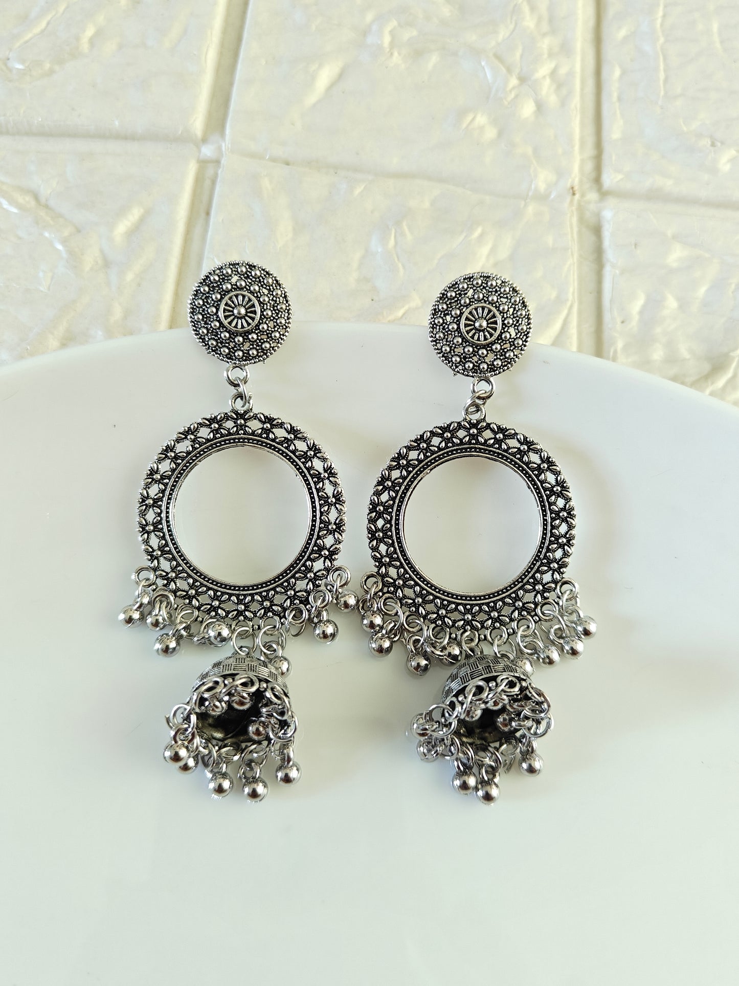 Silver Round Hanging Jhumka Base - 1 Pair