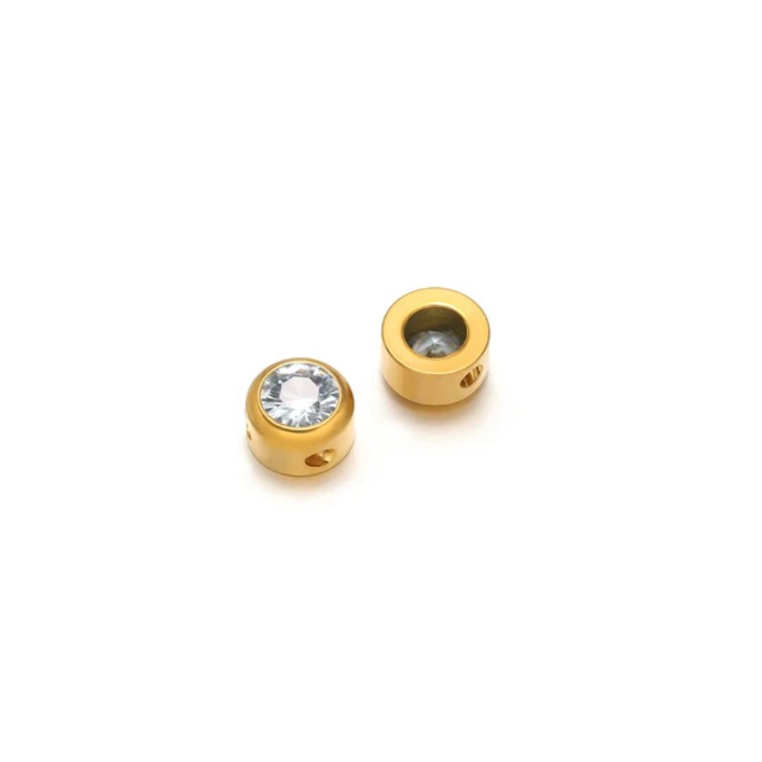 Mini Round Zircon Stone Spacer Bead - 18k Gold PVD Stainless Steel - 1 Piece