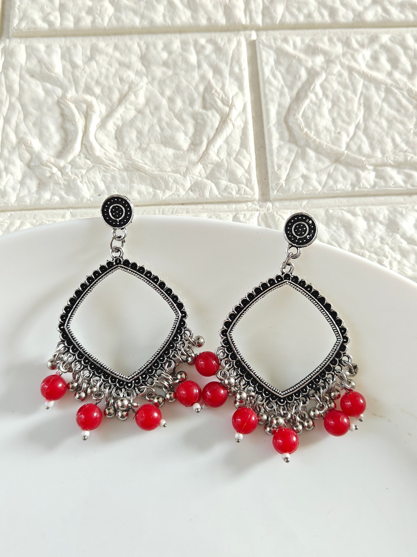 Square Red Beaded Jhumka Base - 1 Pair