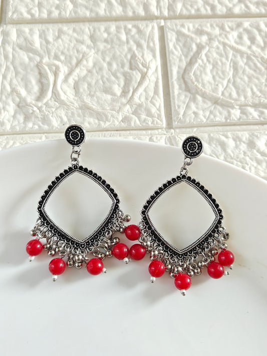 Square Red Beaded Jhumka Base - 1 Pair