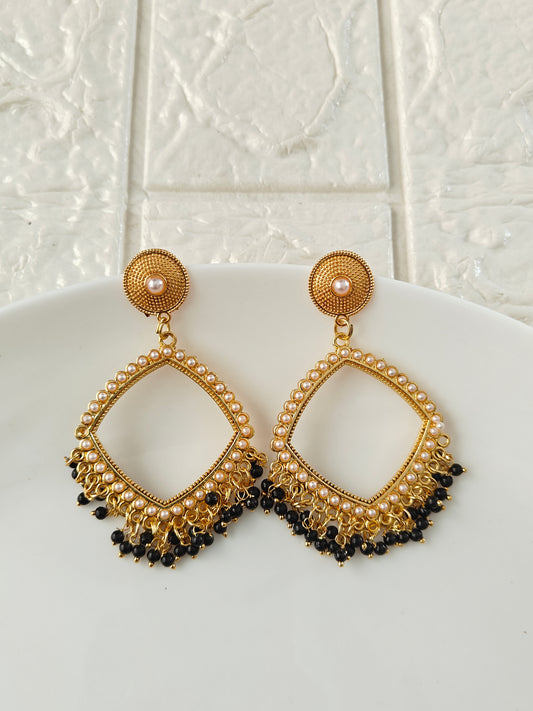 Gold Square Black Pearl Beaded Jhumka Base - 1 Pair