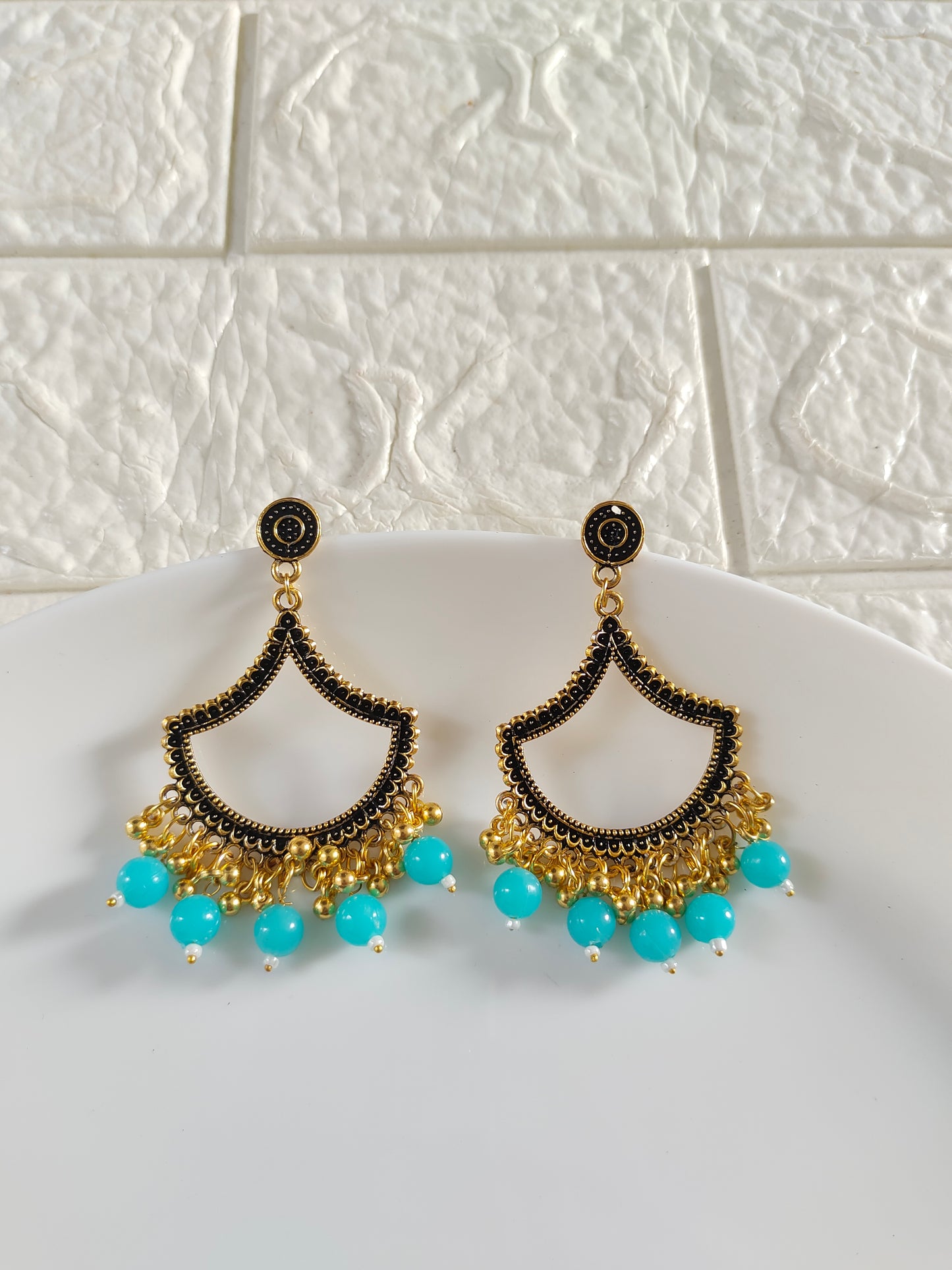 Gold Petal Blue Beaded Jhumka Base - 1 Pair