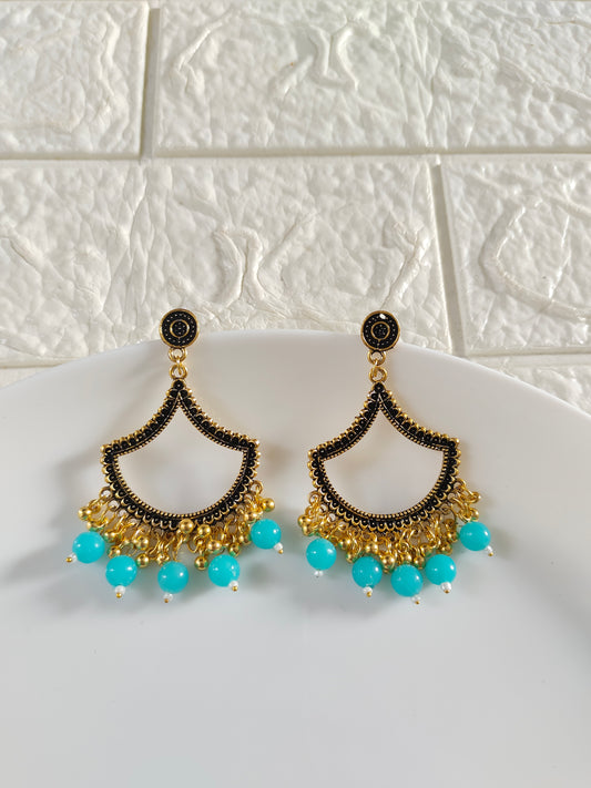 Gold Petal Blue Beaded Jhumka Base - 1 Pair