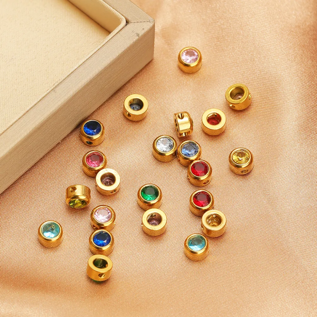 Mini Round Zircon Stone Spacer Bead - 18k Gold PVD Stainless Steel - 1 Piece