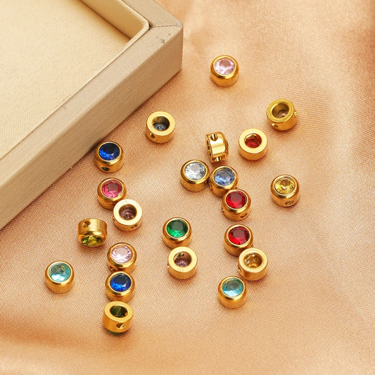 Mini Round Zircon Stone Spacer Bead - 18k Gold PVD Stainless Steel - 1 Piece