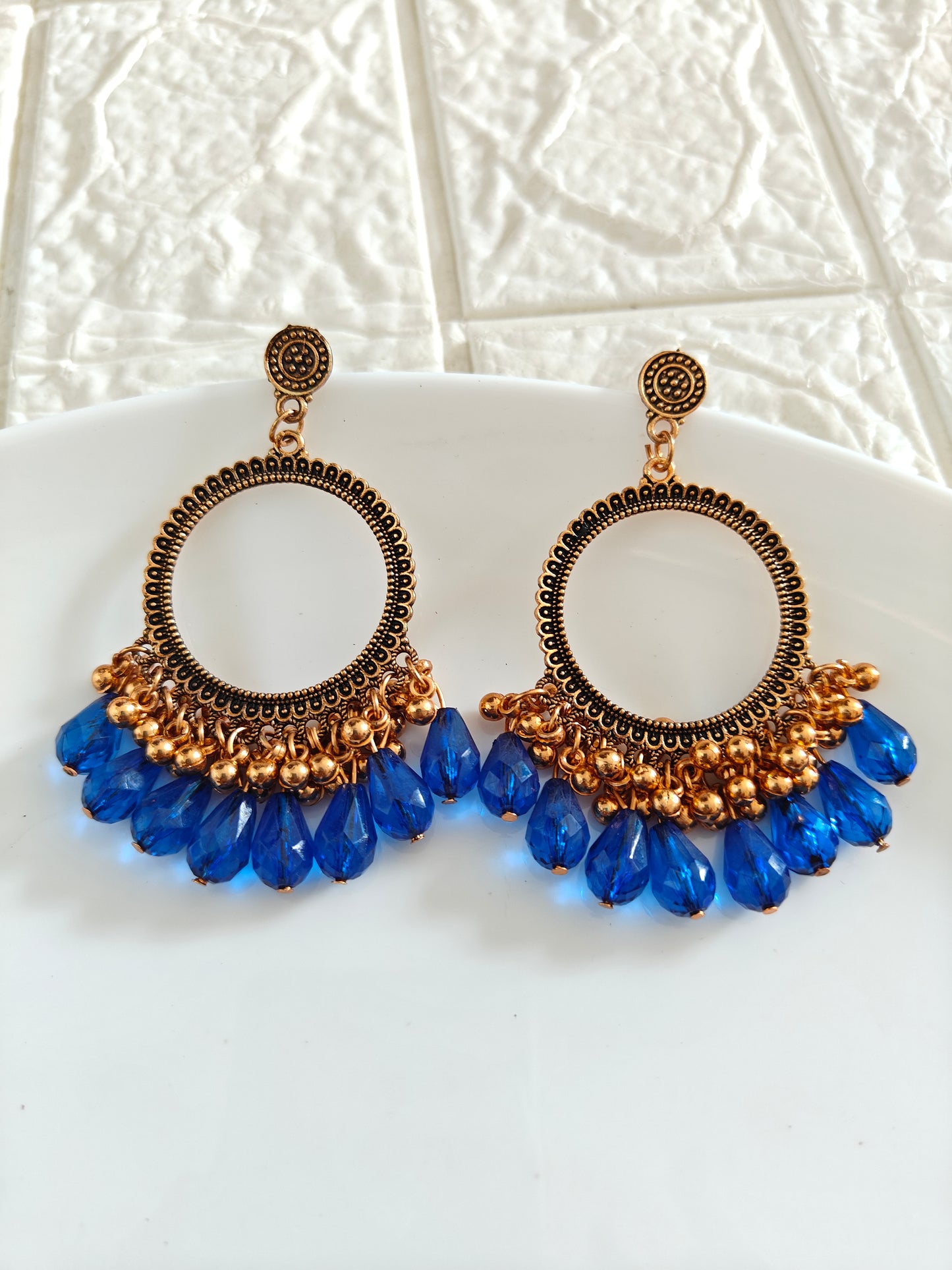 Gold Round Dark Blue Drop Beaded Jhumka Base - 1 Pair - Check Description