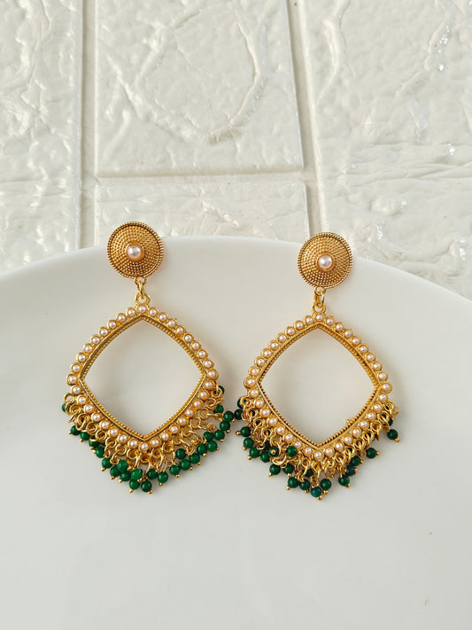 Gold Square Green Pearl Beaded Jhumka Base - 1 Pair