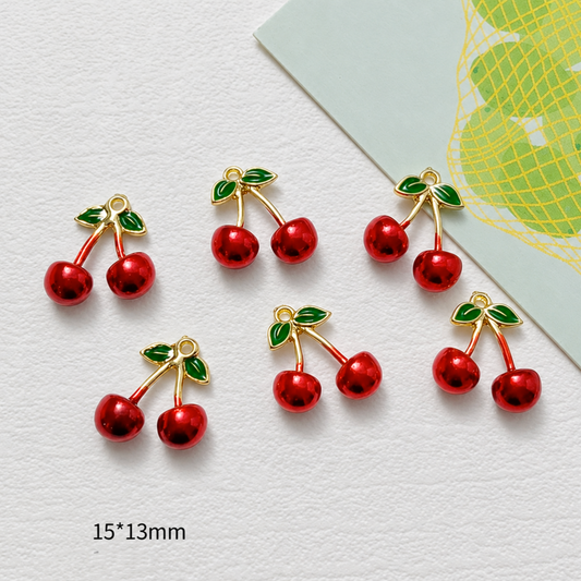 Cherry Enamel Fruit 14k Gold Plated Charm - 1 Piece - Anti Tarnish