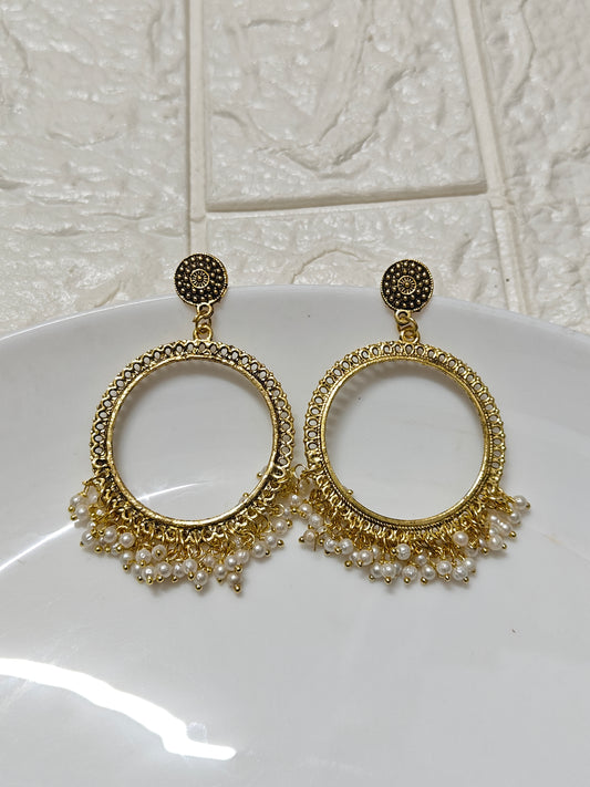 Gold Round Pearl Beaded Jhumka Base - 1 Pair