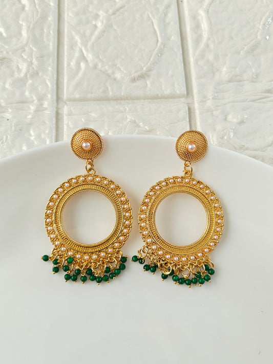Gold Round Green Pearl Beaded Jhumka Base - 1 Pair