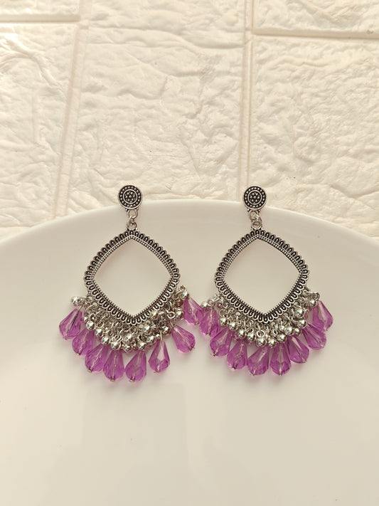 Silver Square Purple Drop Beaded Jhumka Base - 1 Pair