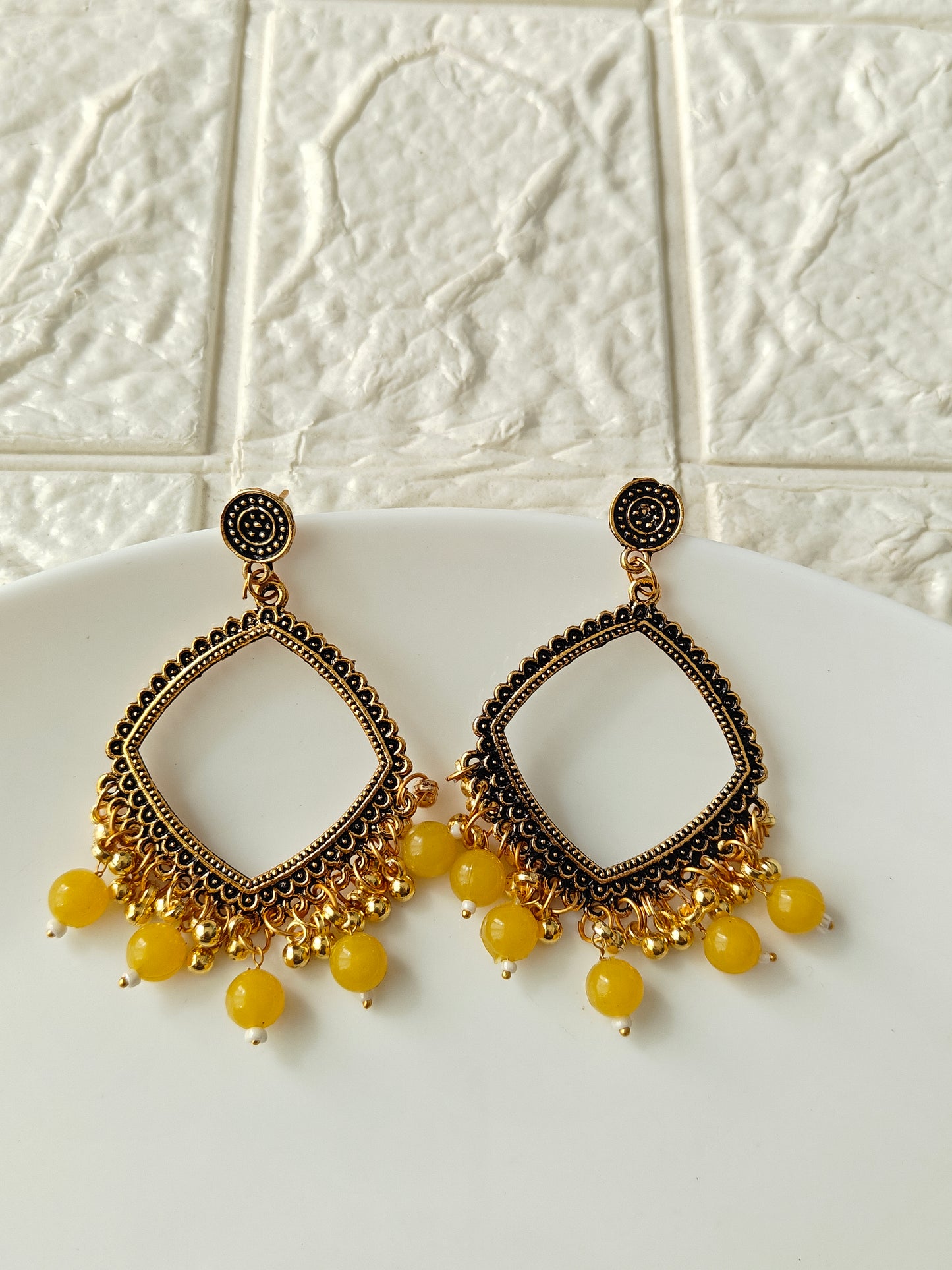Gold Square Yellow Beaded Jhumka Base - 1 Pair