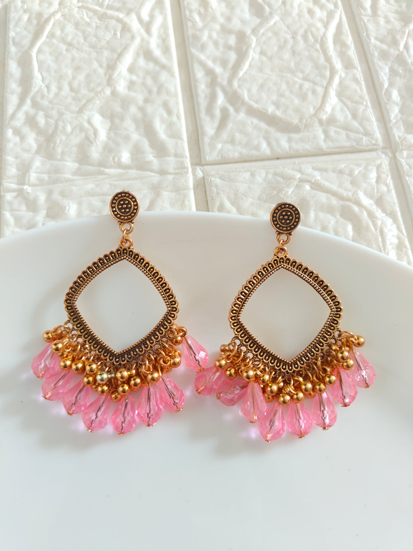 Gold Square Pink Drop Beaded Jhumka Base - 1 Pair - Check Description