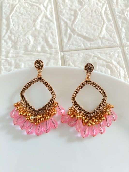 Gold Square Pink Drop Beaded Jhumka Base - 1 Pair - Check Description