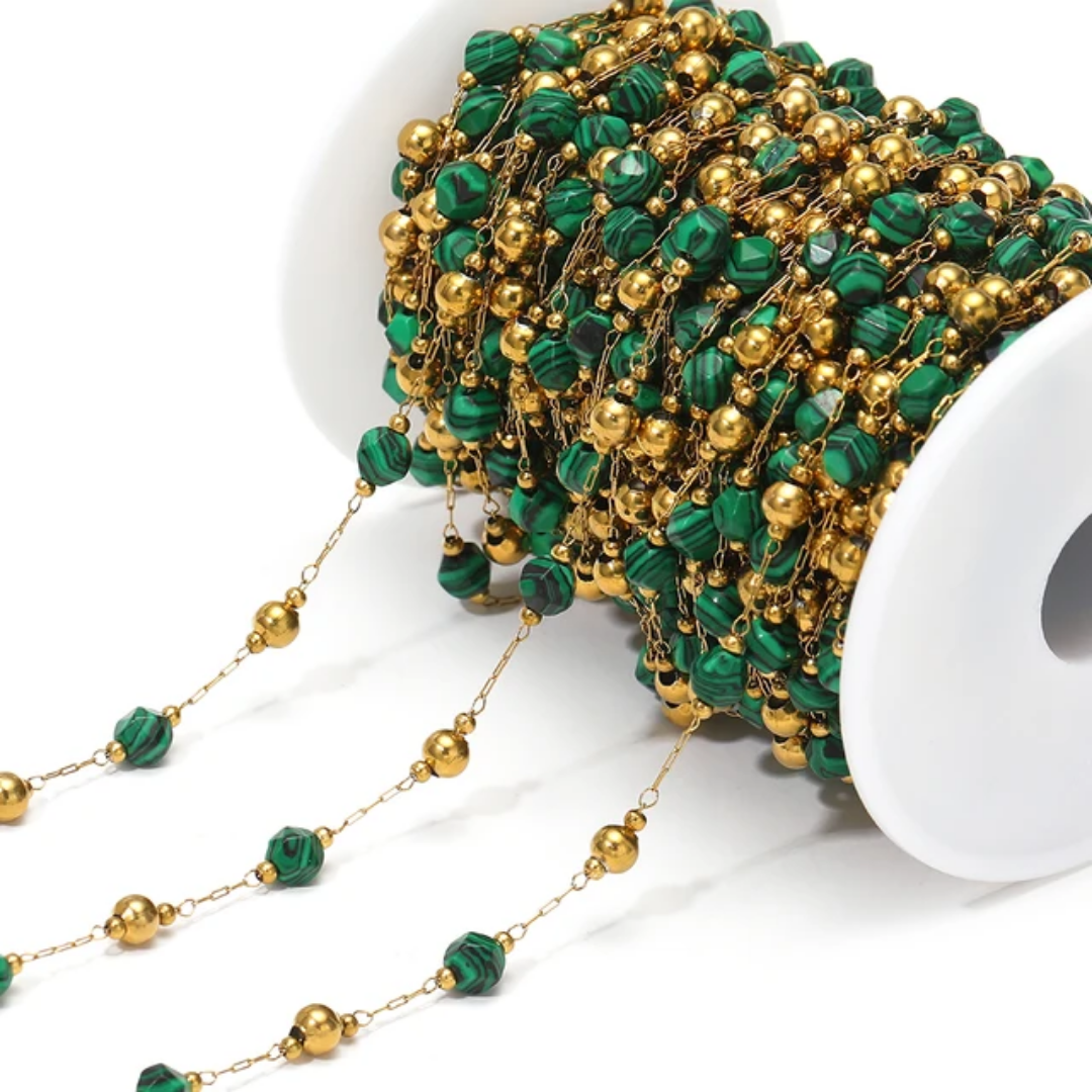 6mm Dark Green Stone Stainless Steel Chain - 1 Feet (30cms)