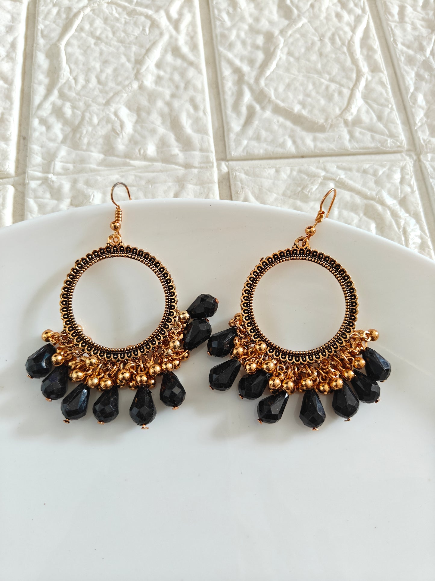 Gold Round Black Drop Beaded Hook Jhumka Base - 1 Pair