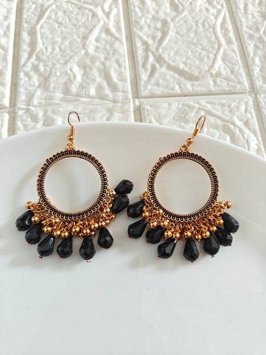 Gold Round Black Drop Beaded Hook Jhumka Base - 1 Pair