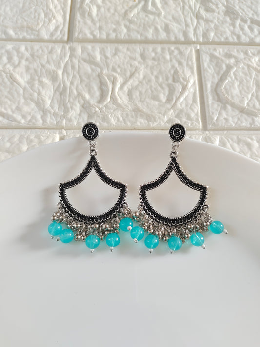 Silver Petal Blue Beaded Jhumka Base - 1 Pair