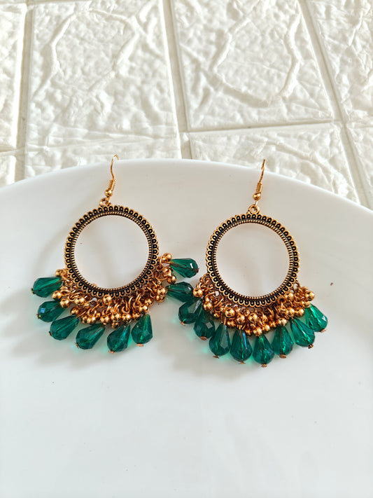 Gold Round Green Drop Beaded Hook Jhumka Base - 1 Pair