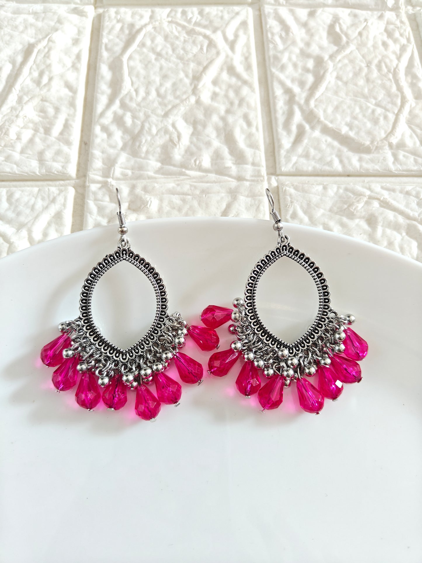 Silver Evil Eye Rani Pink Hook Drop Beaded Jhumka Base - 1 Pair
