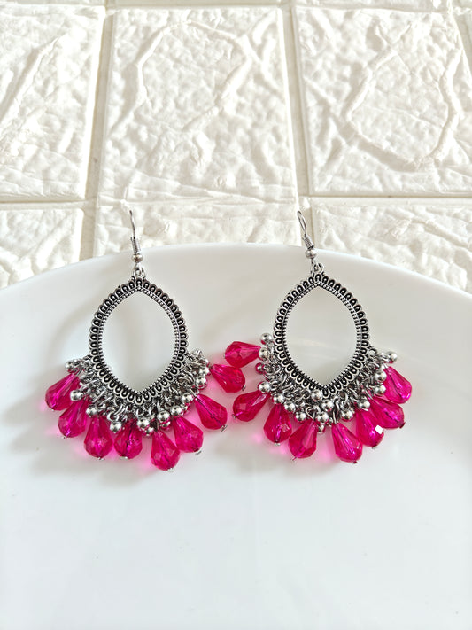 Silver Evil Eye Rani Pink Hook Drop Beaded Jhumka Base - 1 Pair