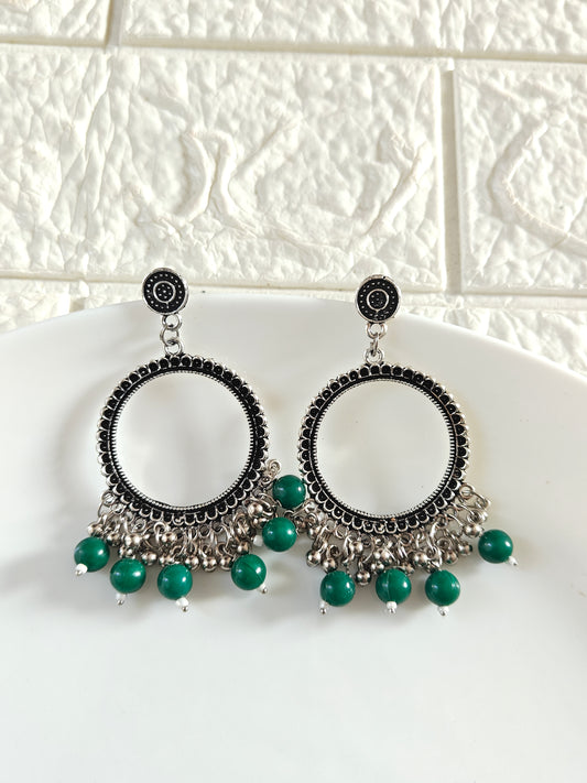 Silver Round Green Beaded Jhumka Base - 1 Pair
