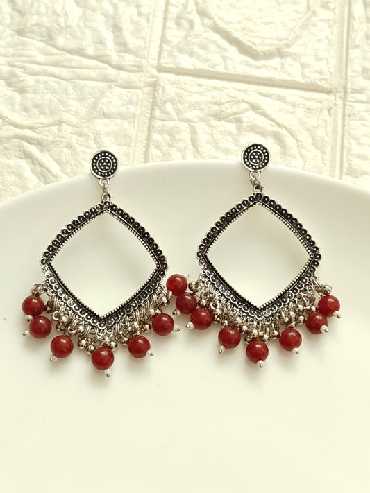 Silver Square Maroon Beaded Jhumka Base - 1 Pair