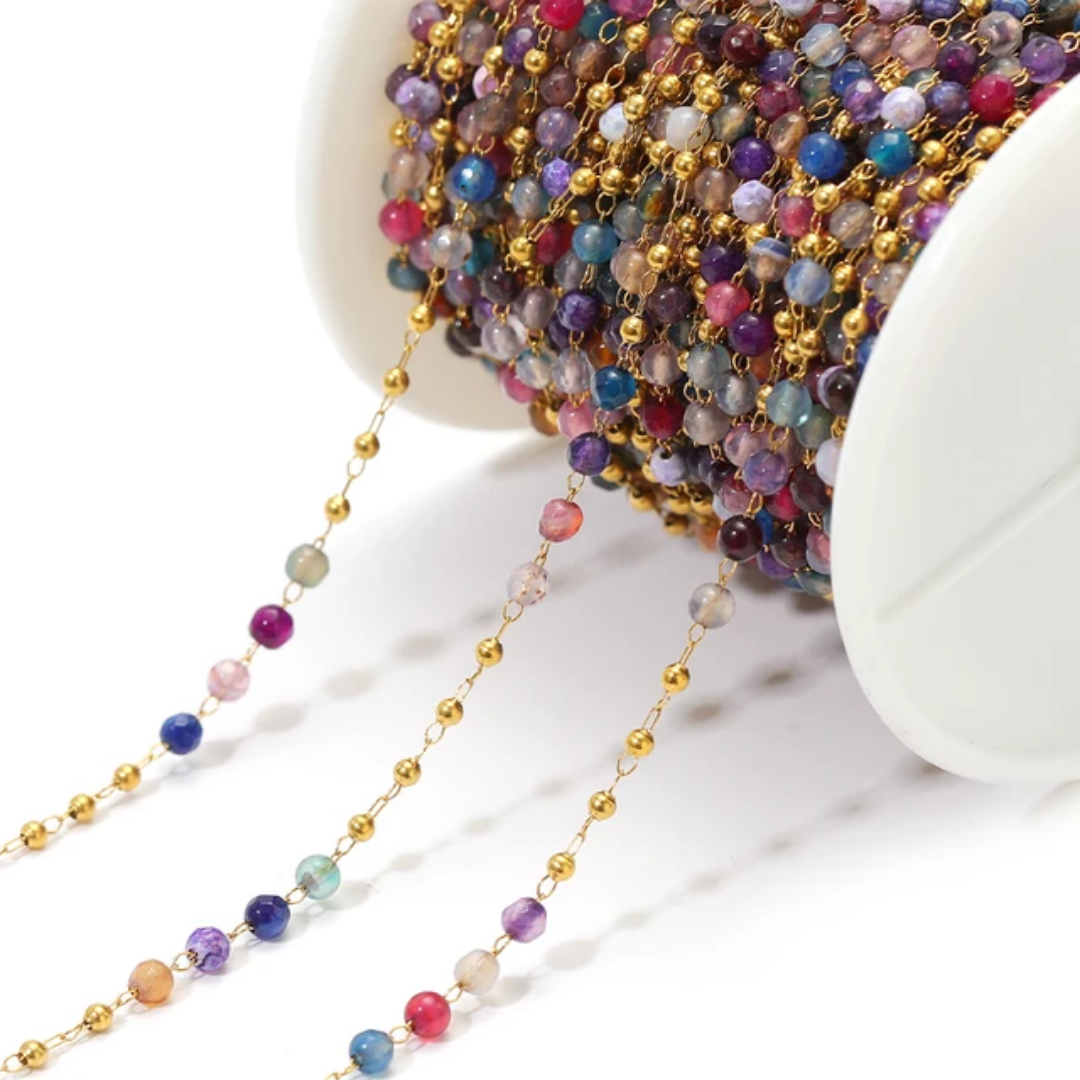 3mm Natural Multi-Colored Stone Stainless Steel Chain - 1 Feet (30cms)