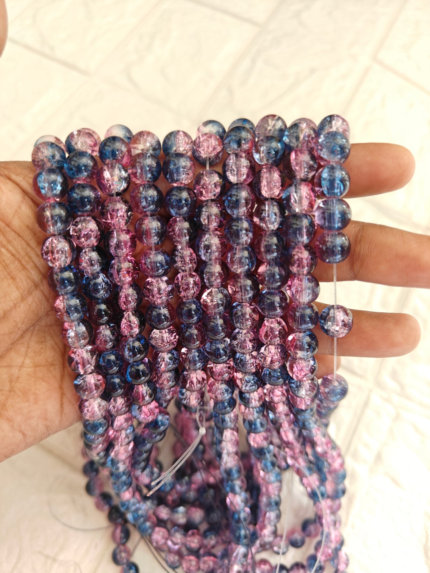Dual Shade Crackle Beads 8mm Pink & D.Blue - approx. 100 beads