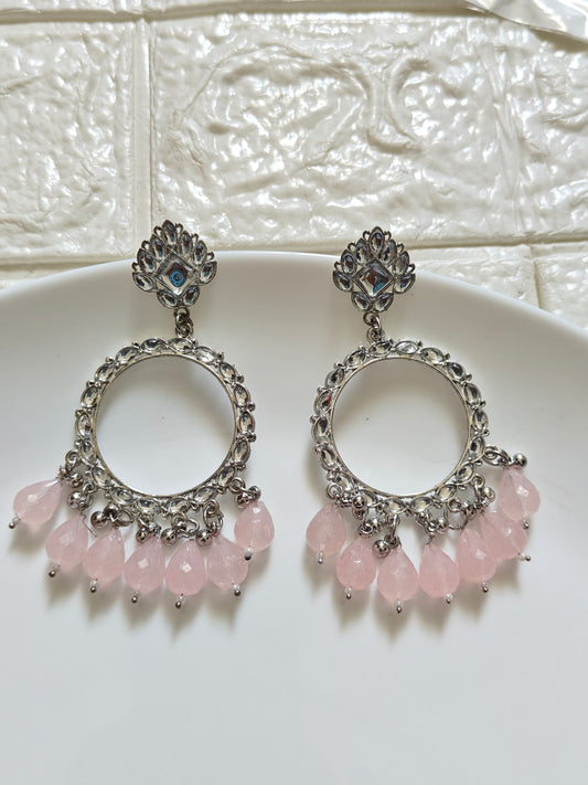 Mirror Round Pink Beaded Jhumka Base - 1 Pair