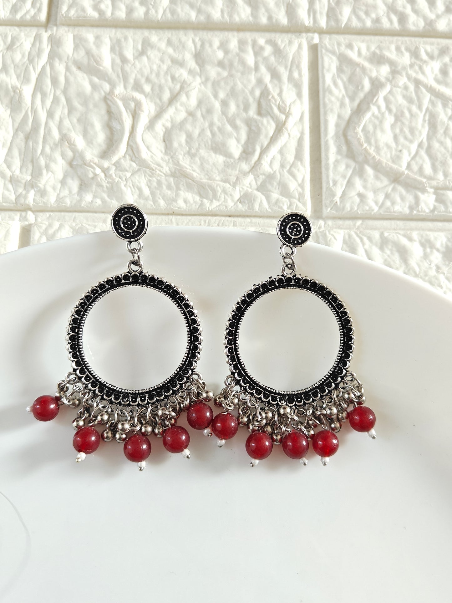 Silver Round Maroon Beaded Jhumka Base - 1 Pair