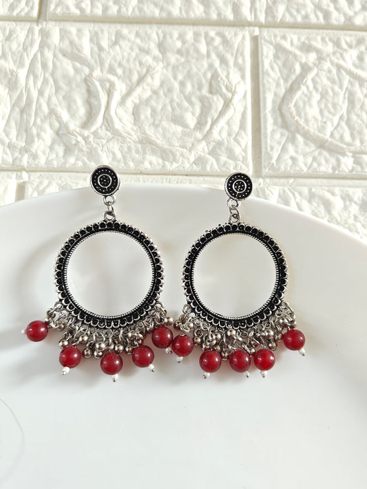Silver Round Maroon Beaded Jhumka Base - 1 Pair