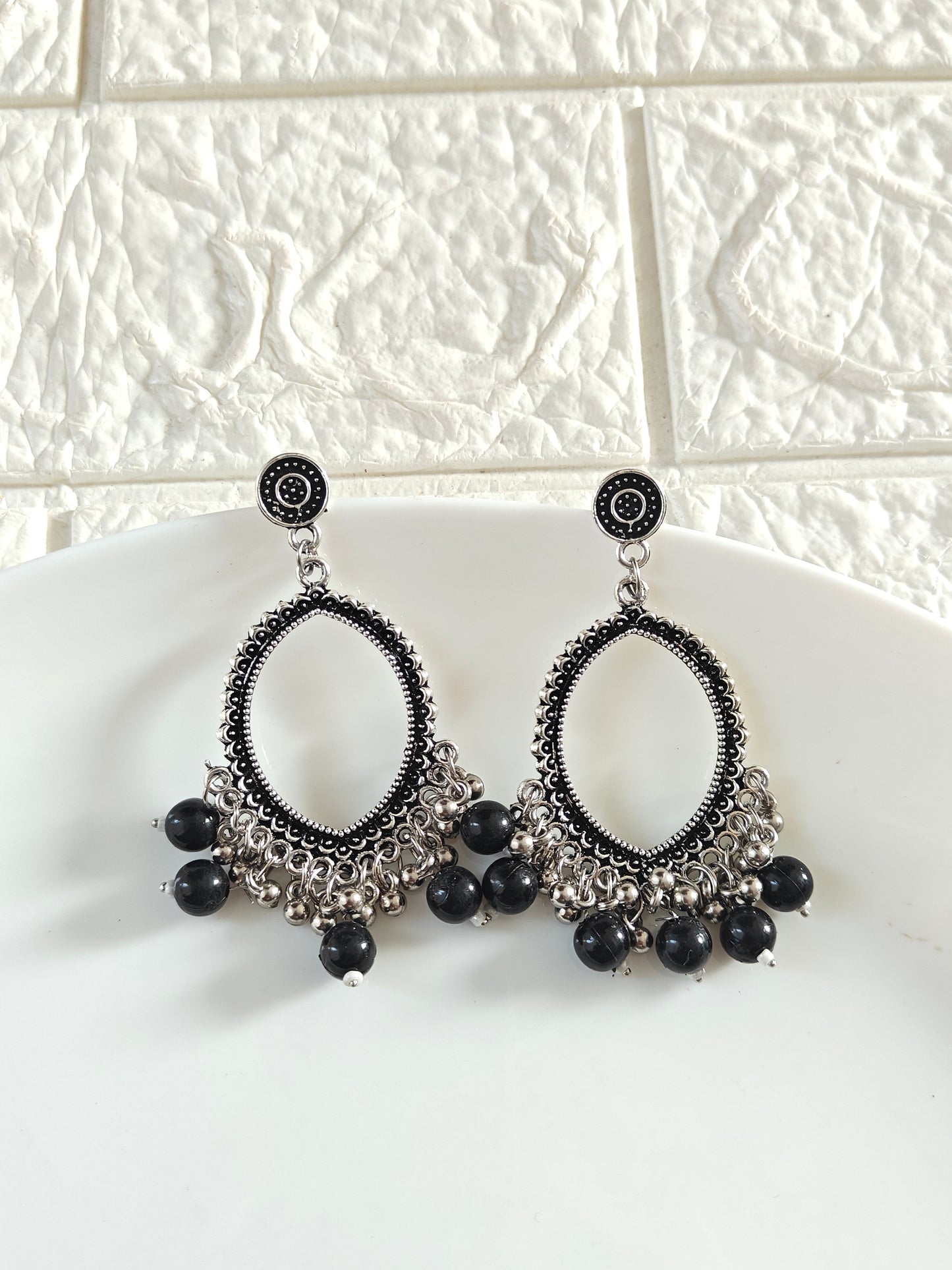Silver Evil Eye Black Beaded Jhumka Base - 1 Pair
