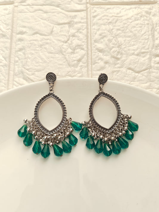 Silver Evil Eye Green Drop Beaded Jhumka Base - 1 Pair