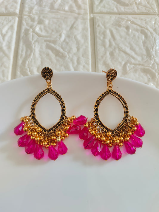 Gold Evil Eye Rani Pink Drop Beaded Jhumka Base - 1 Pair - Check Description