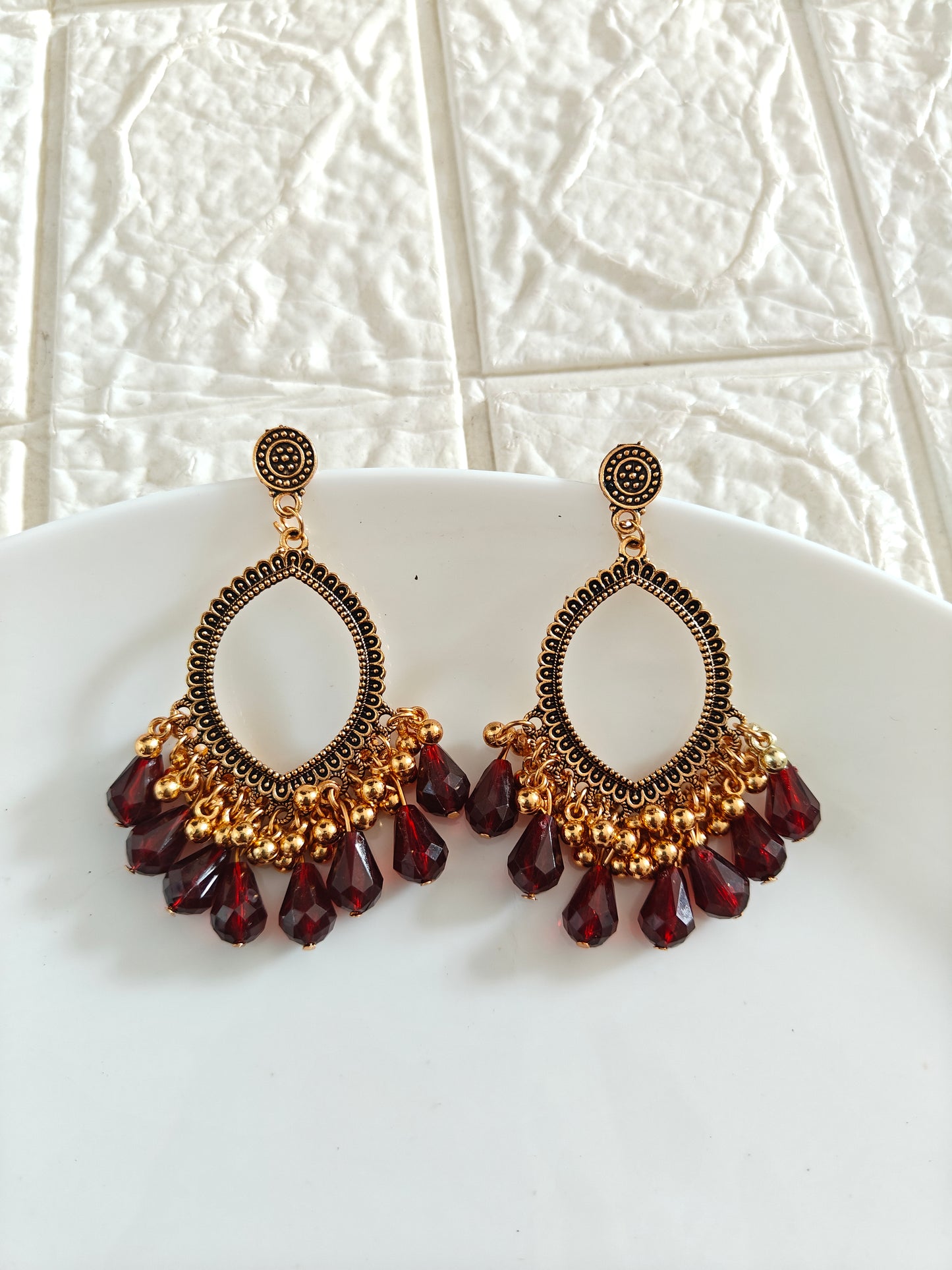 Gold Evil Eye Brown Drop Beaded Jhumka Base - 1 Pair - Check Description