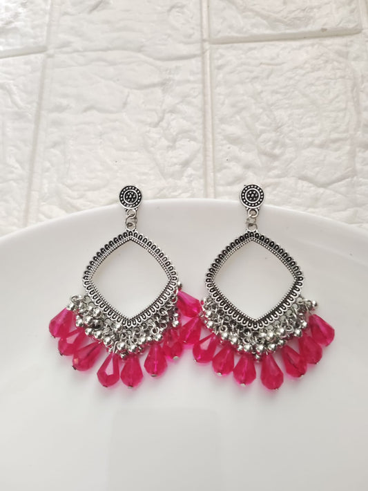 Silver Square Rani Pink Drop Beaded Jhumka Base - 1 Pair