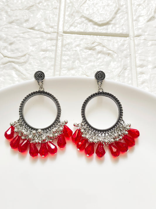 Silver Round Red Drop Beaded Jhumka Base - 1 Pair